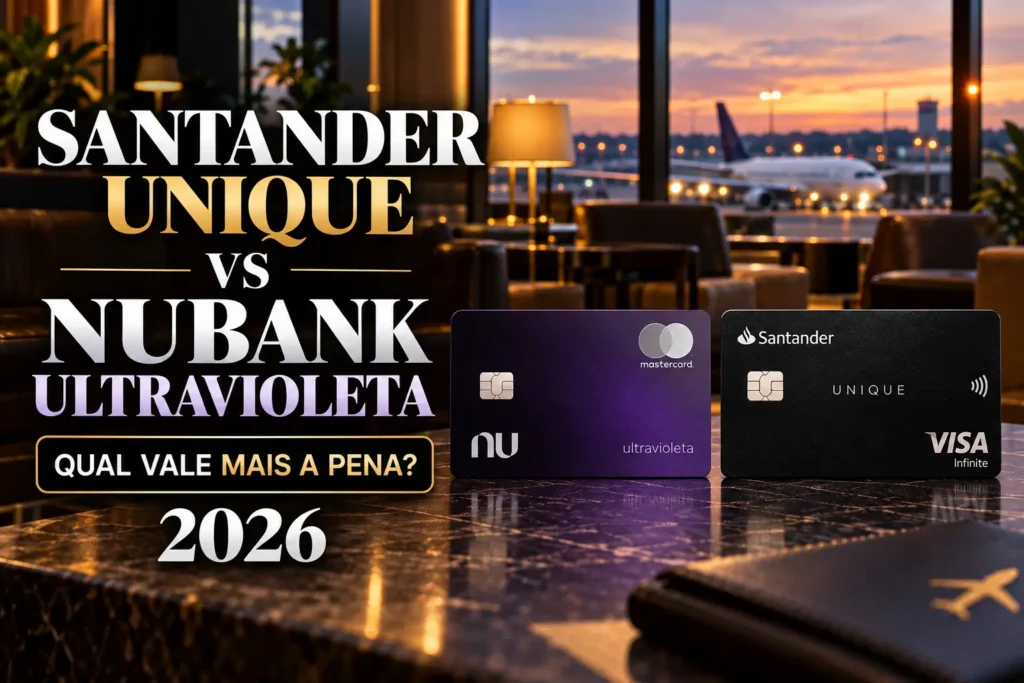 Santander Unique Visa Infinite e Nubank Ultravioleta lado a lado em comparativo de cartões premium em 2026