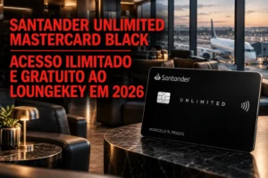Santander Unlimited Mastercard Black com acesso ilimitado e gratuito ao LoungeKey em 2026, em cenário de sala VIP de aeroporto.