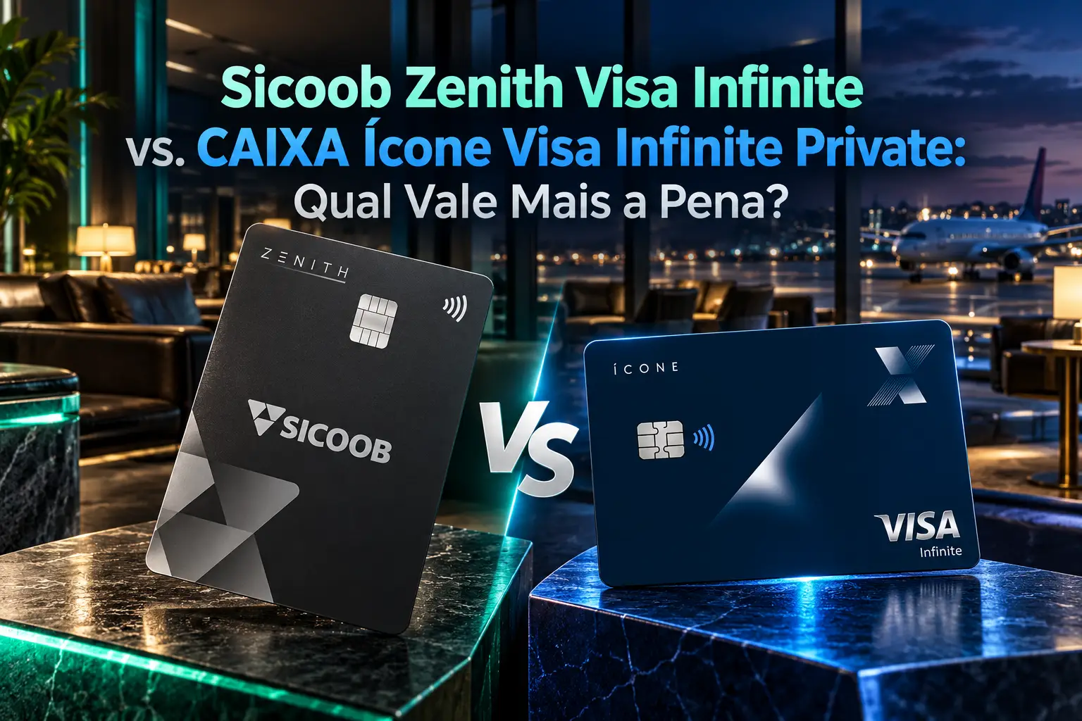 Sicoob Zenith Visa Infinite cinza-grafite e CAIXA Ícone Visa Infinite azul-marinho lado a lado em lounge aeroportuário premium.