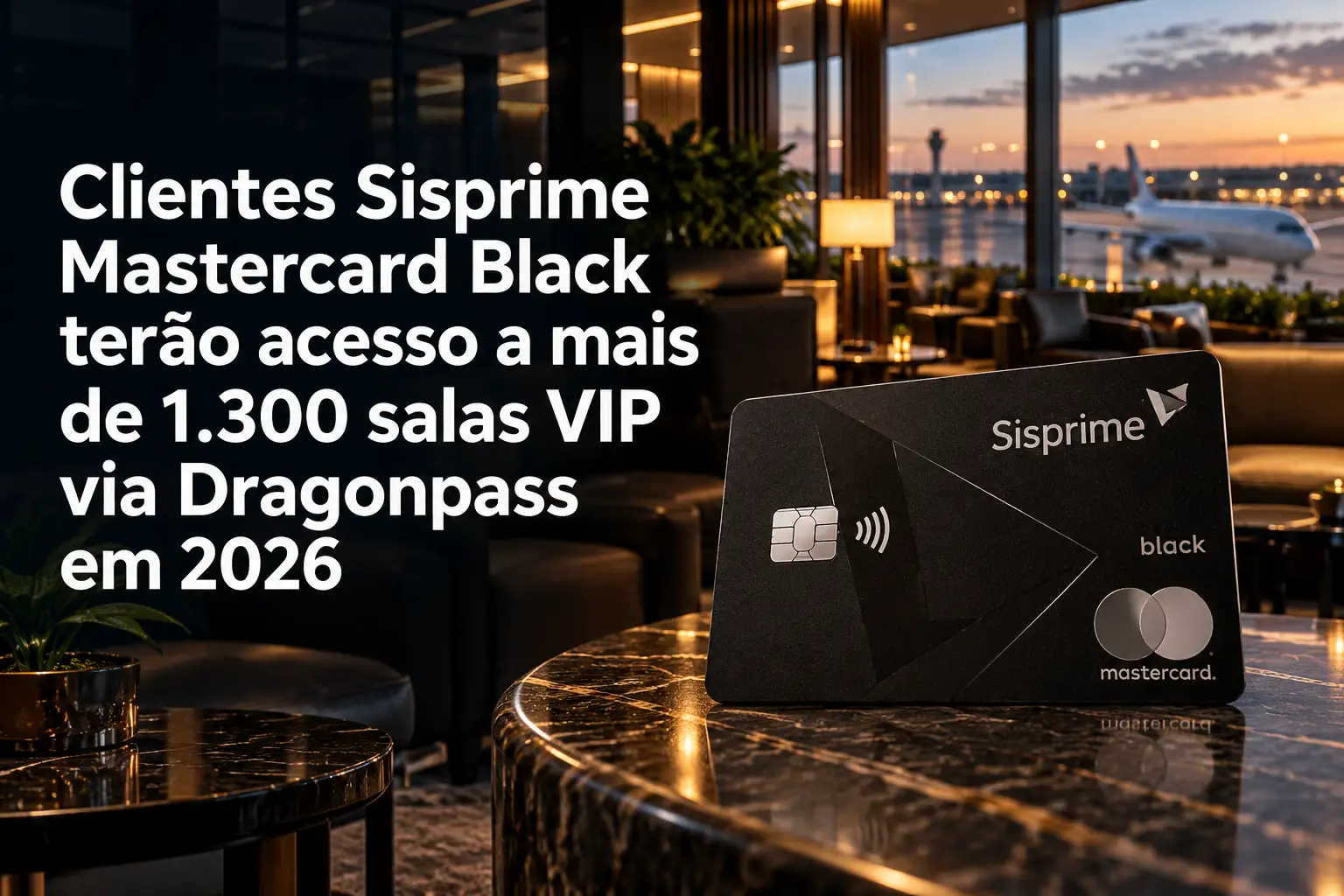 Cartão Sisprime Mastercard Black em sala VIP de aeroporto, destacando acesso à rede Dragonpass com mais de 1.300 salas VIP em 2026.