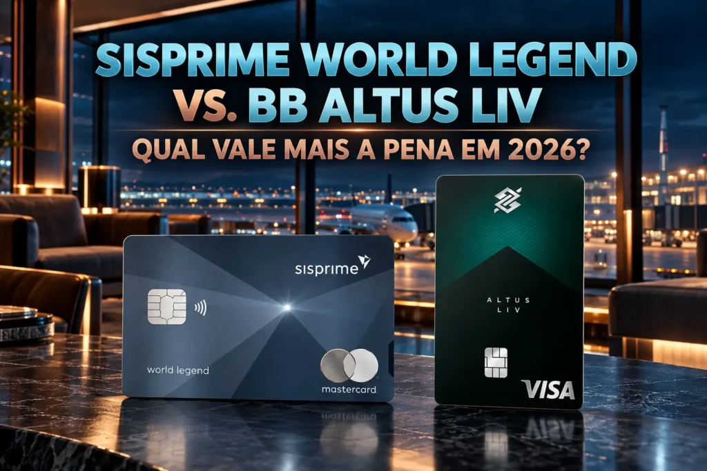 Comparativo Sisprime World Legend vs Altus Liv em 2026, com os cartões Mastercard World Legend e BB Altus Liv Visa Infinite em lounge premium de aeroporto.
