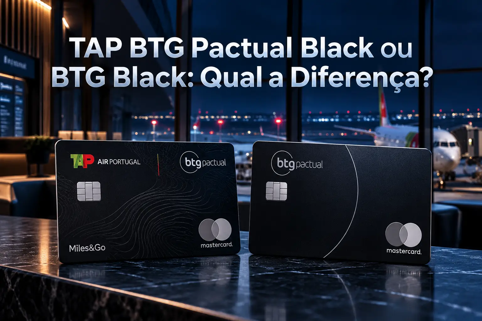 TAP BTG Pactual Black e BTG Black lado a lado em aeroporto internacional, comparando benefícios de viagem, milhas e recompensas.