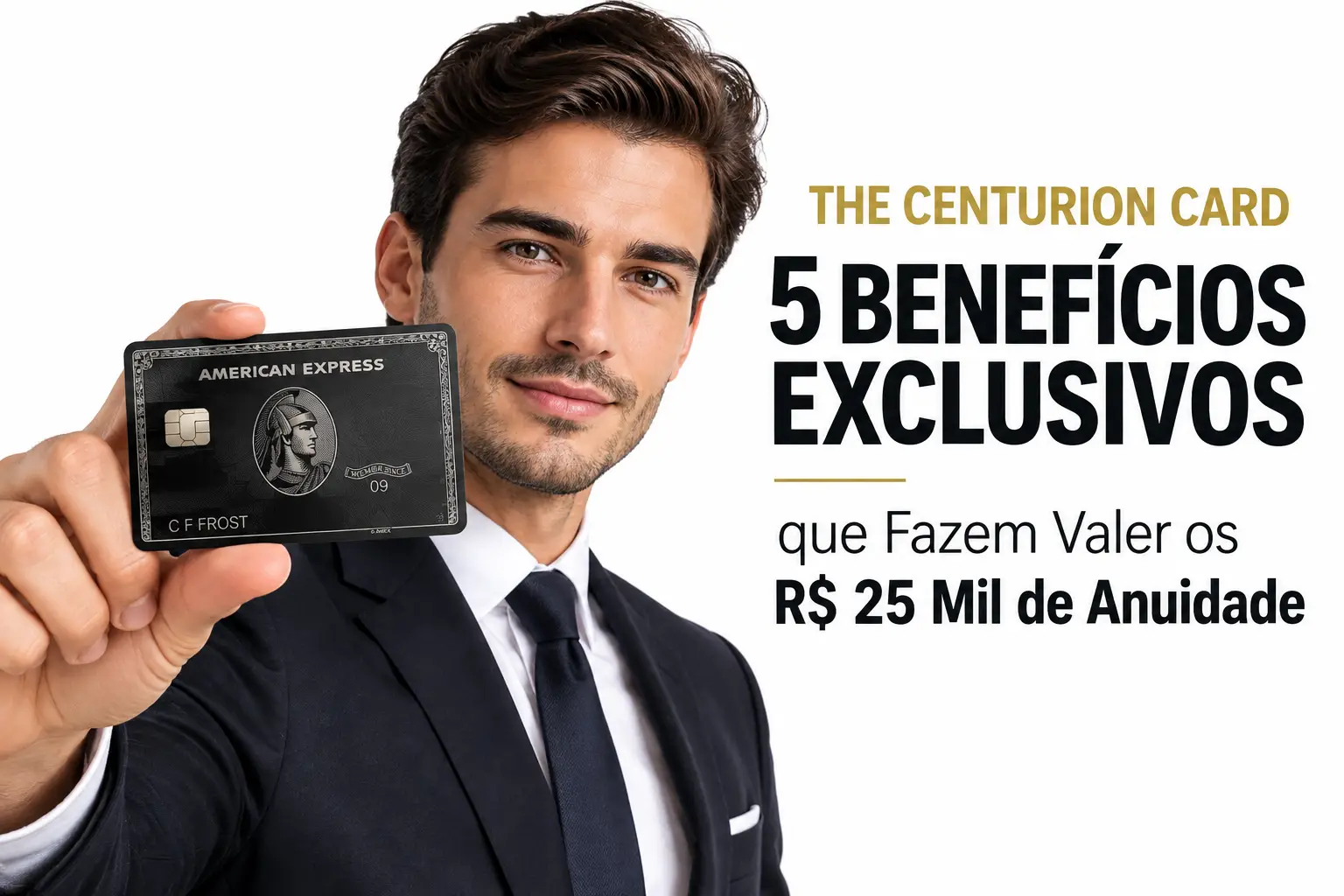 Homem de terno escuro segurando o American Express The Centurion Card, com destaque para cinco benefícios exclusivos e anuidade de R$ 25 mil em 2026.