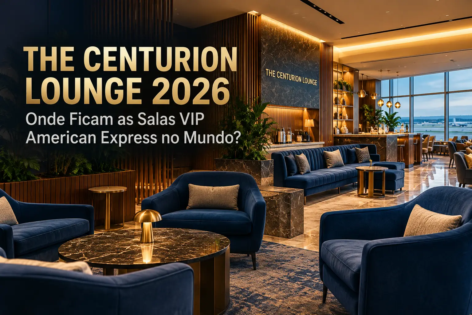 The Centurion Lounge 2026: ambiente sofisticado de sala VIP American Express, com poltronas azuis e iluminação elegante.