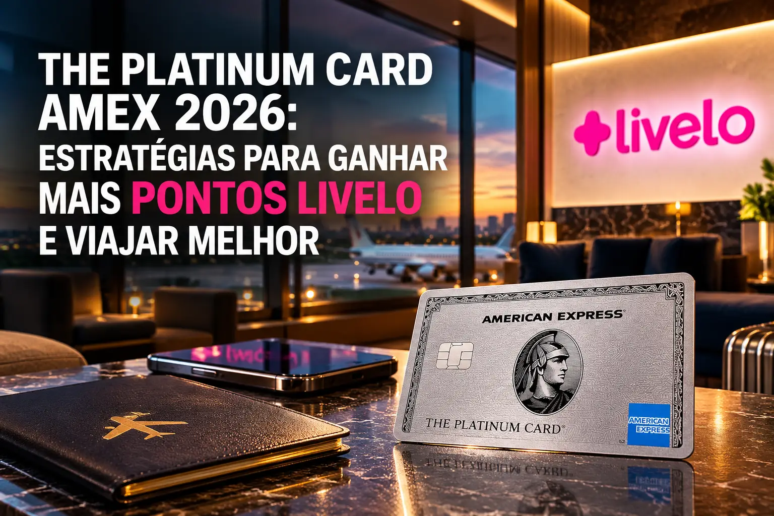 The Platinum Card Amex 2026 com logotipo Livelo em sala VIP de aeroporto, destacando estratégias para acumular pontos e viajar melhor.