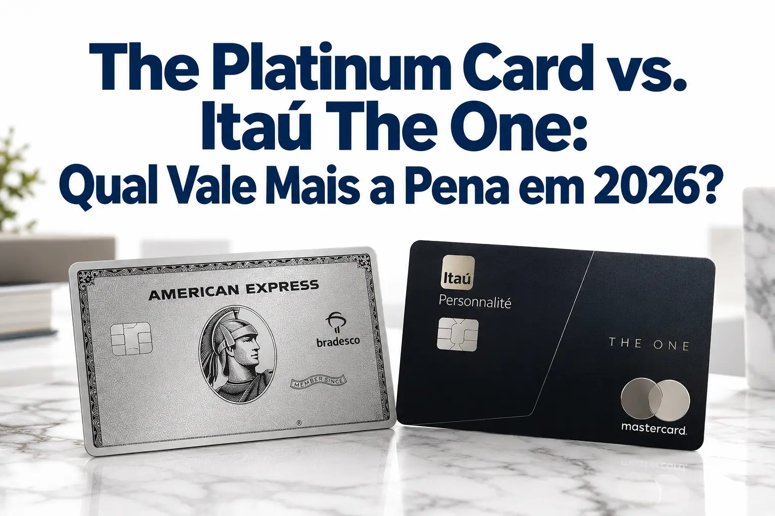 The Platinum Card American Express Bradesco e Itaú The One Mastercard Black lado a lado em comparativo de cartões premium 2026.