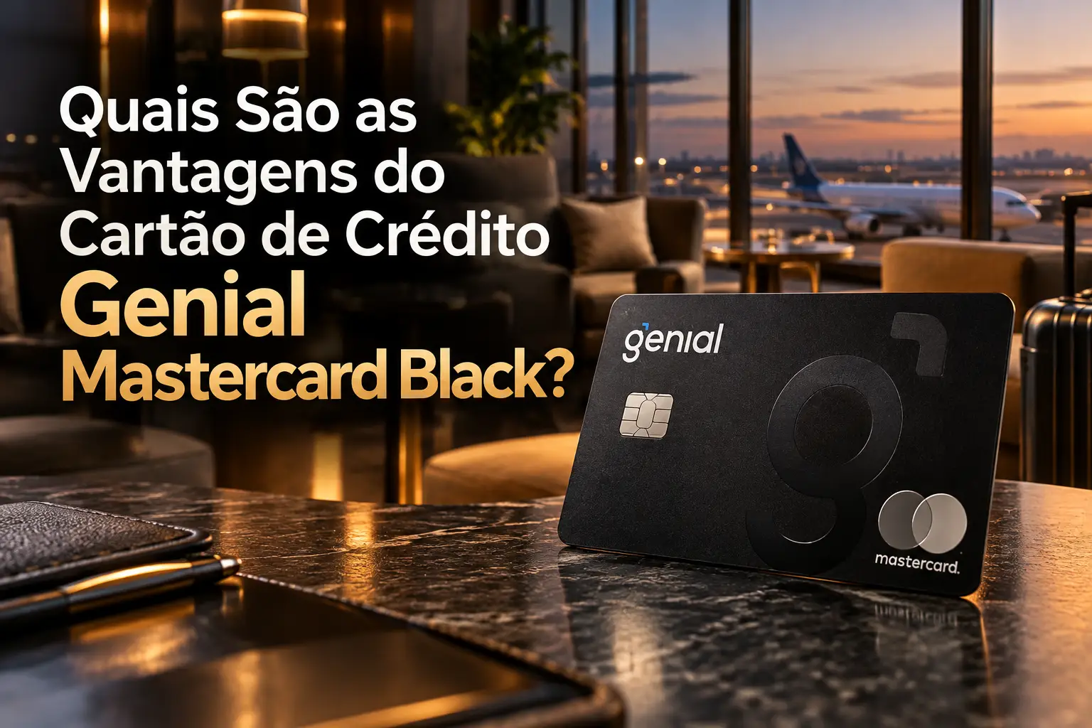 Cartão Genial Mastercard Black em ambiente de sala VIP de aeroporto, destacando suas vantagens e benefícios premium.