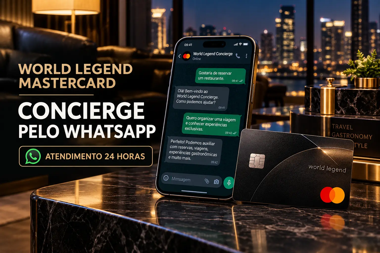 World Legend Mastercard Concierge pelo WhatsApp com atendimento personalizado 24 horas para reservas, viagens e experiências exclusivas.